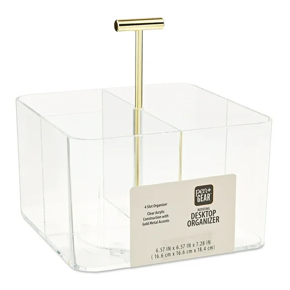 Pen+Gear Acrylic Rotating Desk Organizer, 6.57 in x 6.57 in x 7.28 in, 4 Compartments, Clear | Walmart (US)