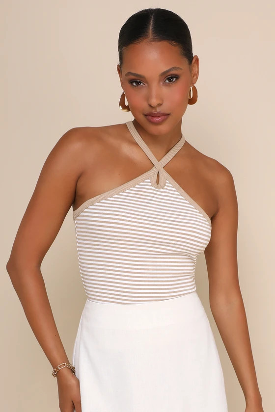 Delightful Pose Beige Striped Ribbed Knit Keyhole Halter Top | Lulus