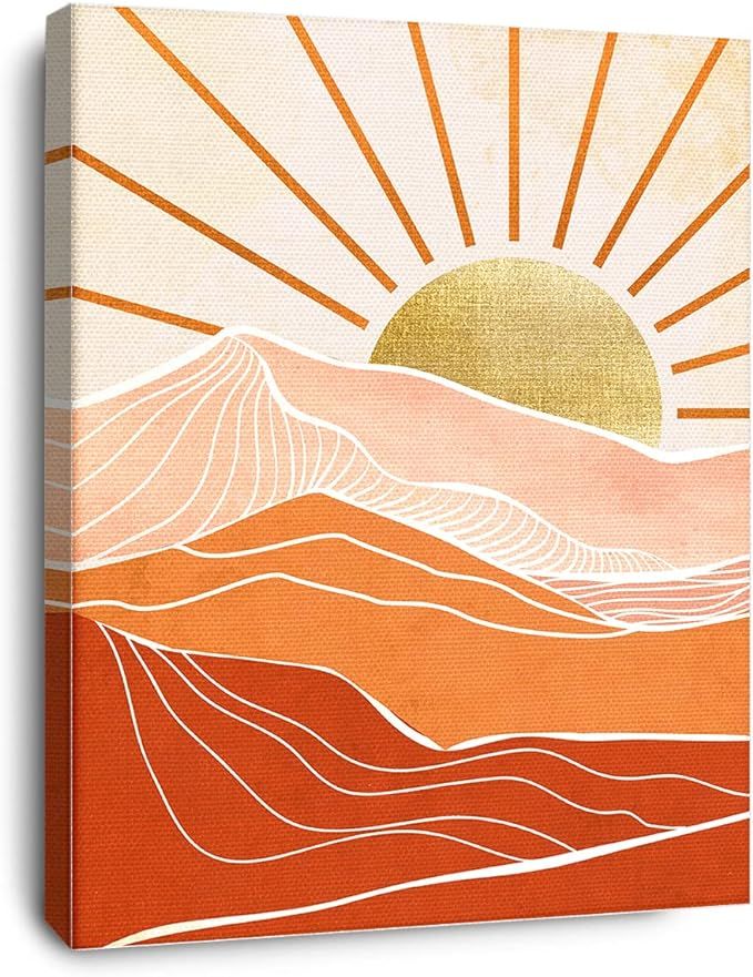 Abstract Shining Sun Rises Canvas Framed Wall Art,Boho Sun And Mountain Canvas Print Artwork for ... | Amazon (US)