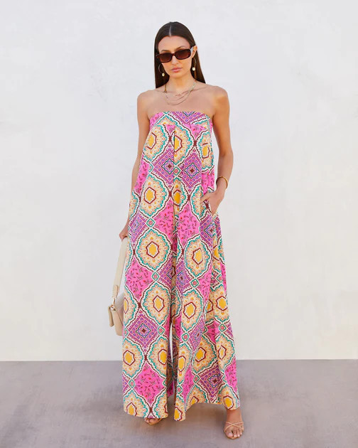 Amara Strapless Printed Pocketed Wide Leg Jumpsuit | VICI