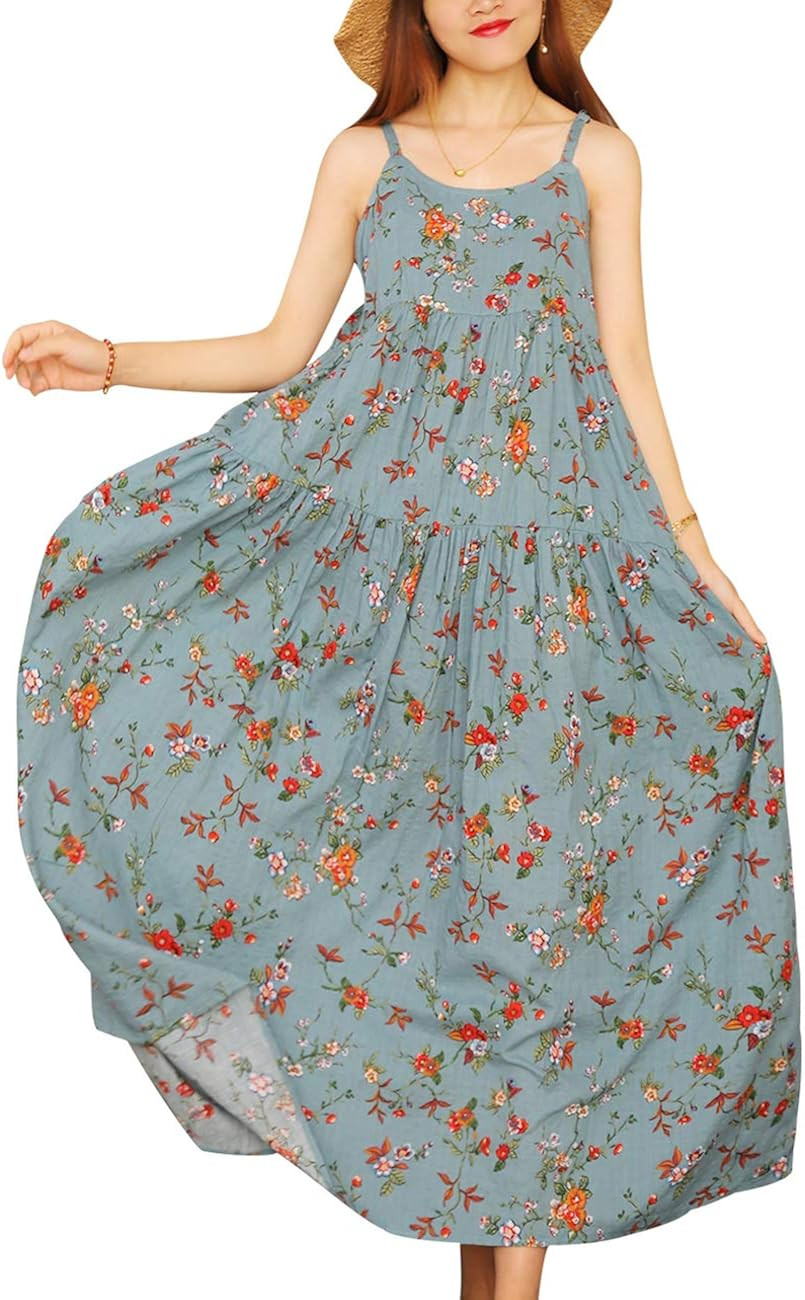YESNO Women Casual Loose Bohemian Floral Print Dresses Spaghetti Strap Long Maxi Summer Beach Swi... | Amazon (US)