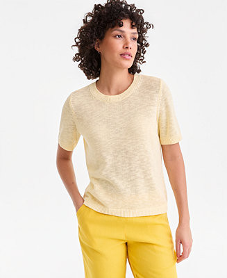 Women's Linen Blend Textured Crewneck Short-Sleeve Sweater, Macy's Exclusive | Macy's