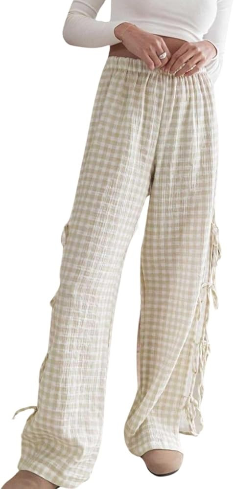Womens Gingham Striped Wide Leg Pants Y2k Lounge Pants Lace Up Loose Trousers | Amazon (US)