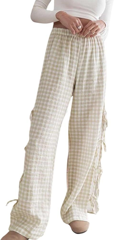 Womens Gingham Check Pants Y2K Bow Tie Side Split Wide Leg Lounge pants | Amazon (US)