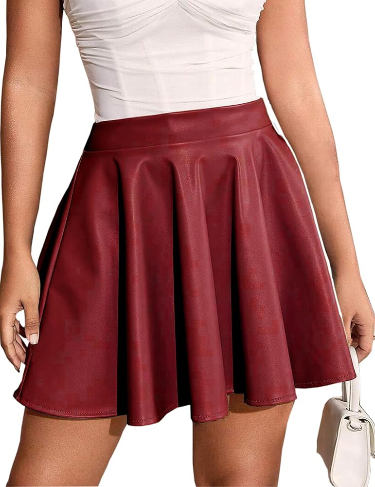 Leather Mini Skirts for Women High Waisted Mini Skirts Pleated for Halloween Burgundy, L | Amazon (US)