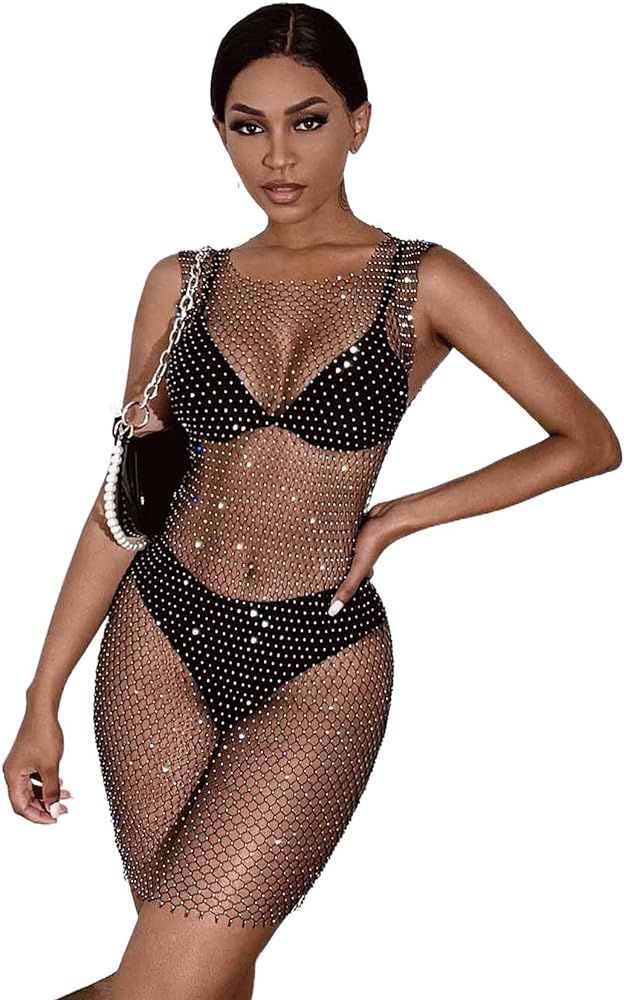 Formery Sexy Mesh Swimsuit Cover Ups Sheer Rhinestone Beach Sleeveless Coverups Fishnet Hollow Out D | Amazon (US)