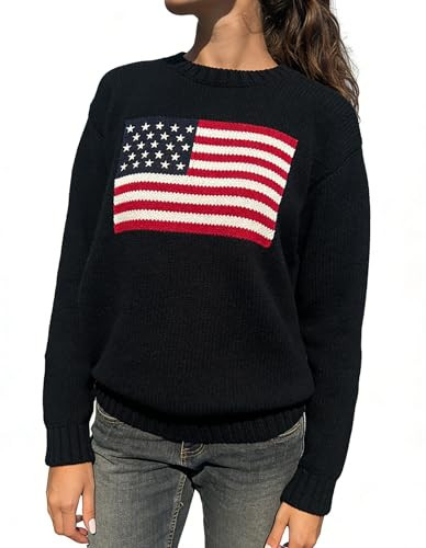 American Flag Sweater for Women Striped Star Sweaters USA Sweatshirt Patriotic Knitted Loose Pullover Top(Black,L) | Amazon (US)