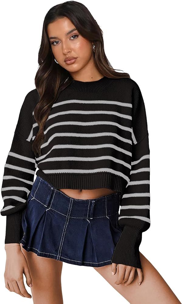 UANEO Womens Easy Street Stripe Crop Pullover 2024 Long Sleeve Cropped Sweater Knit Jumper Tops | Amazon (US)