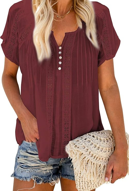Dokotoo Women's V Neck Lace Crochet Eyelet Tops Short Sleeve Casual Shirts Blouses | Amazon (US)