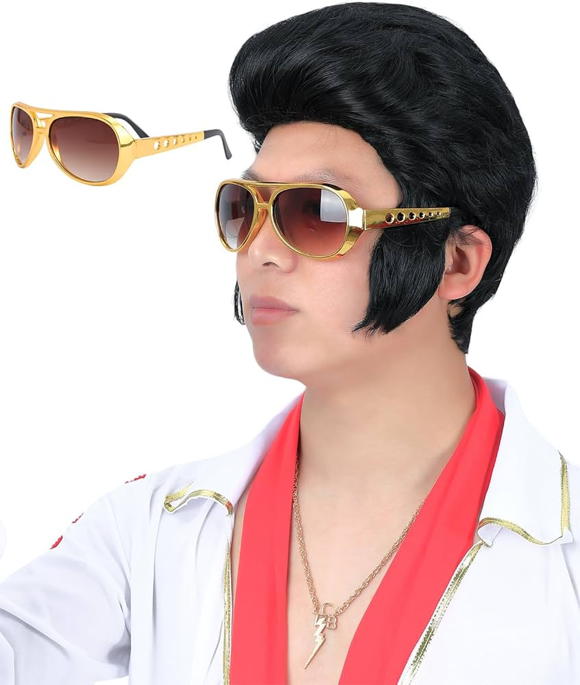 AMZCOS 4pcs Set 50s 60s Rock Legend Wig with Sunglasses and Necklace for Men Rock and Roll Singer... | Amazon (US)