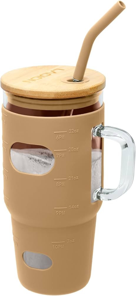 LAOION 32 OZ Glass Tumbler with Handle, Glass Water Bottles with Leakproof Bamboo Lid and Straw, ... | Amazon (US)