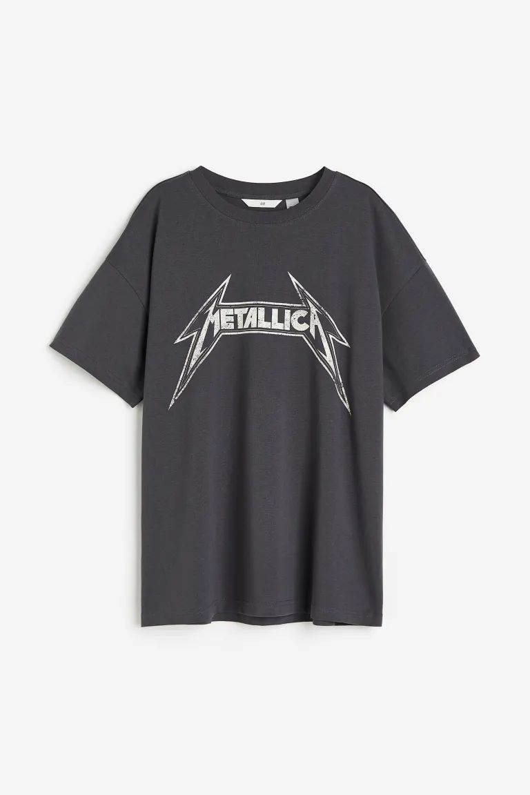 Oversized Printed T-shirt - Dark gray/Metallica - Ladies | H&M US | H&M (US + CA)