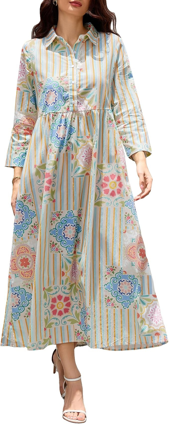 Ladyful Button Down Dress for Women Floral Printed Collared Flowy Cotton Maxi Dress Fall Beach Dr... | Amazon (US)