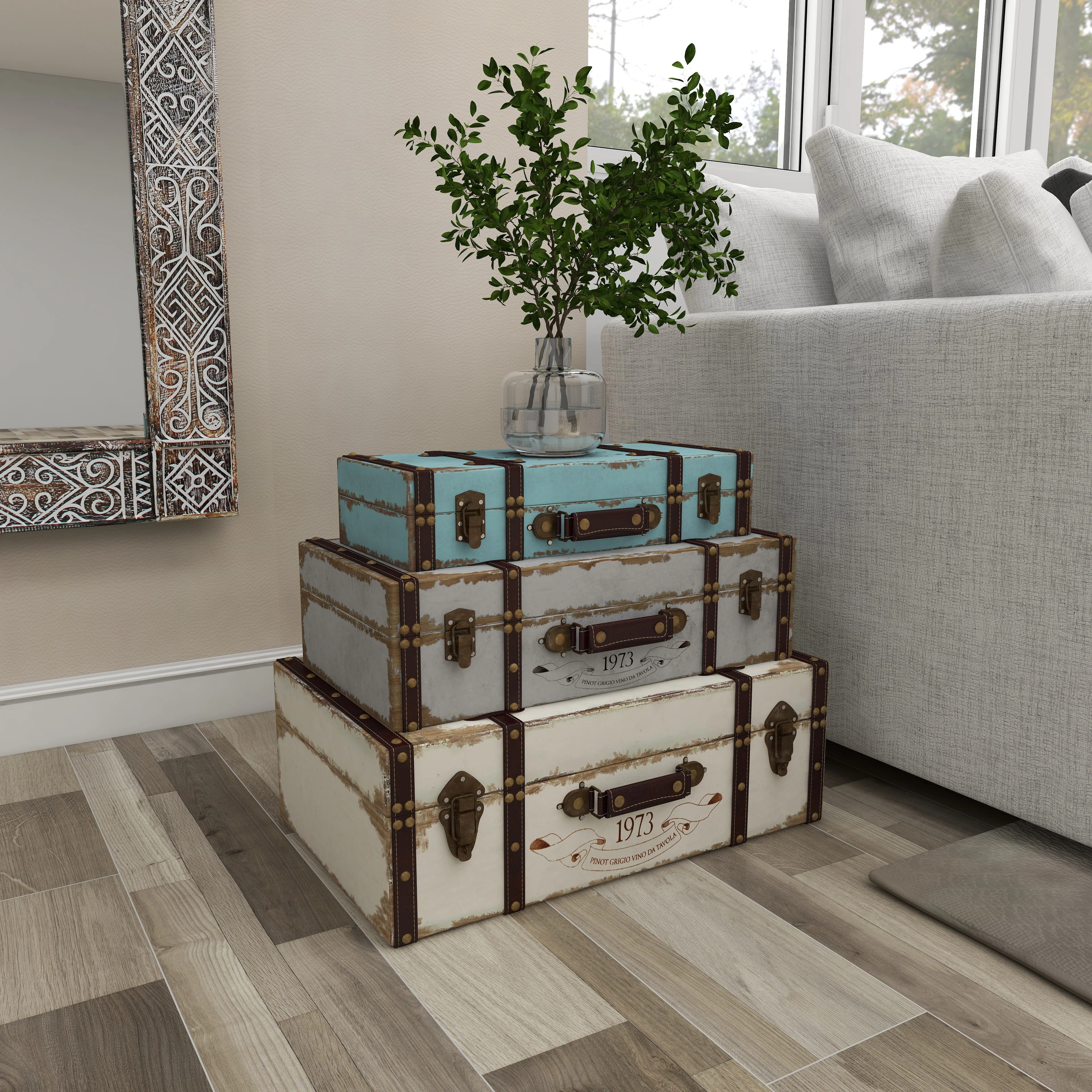 Notasulga Wooden Nesting Decorative Multi Colored Trunk with Vintage Accents and Studs Set | Wayfair North America