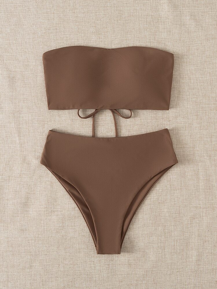 Reversible Lace Up Bandeau Bikini Swimsuit | SHEIN