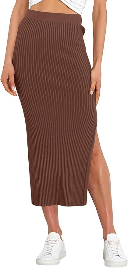 Runcati Women's Bodycon Knitted Pencil Skirts Elastic Split High Waisted Midi Skirt | Amazon (US)