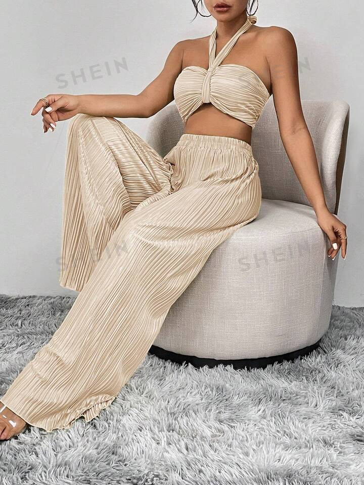 SHEIN Privé Women Sexy Plain Texture Halter Top And Wide-Legged Pants Set For Summer | SHEIN