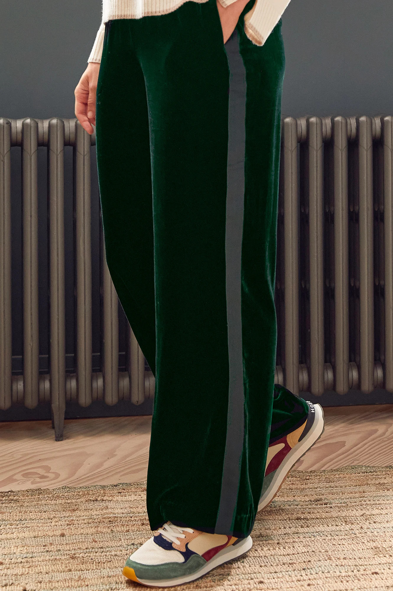 Velvet Side Stripe Trousers | Emerald | Aspiga