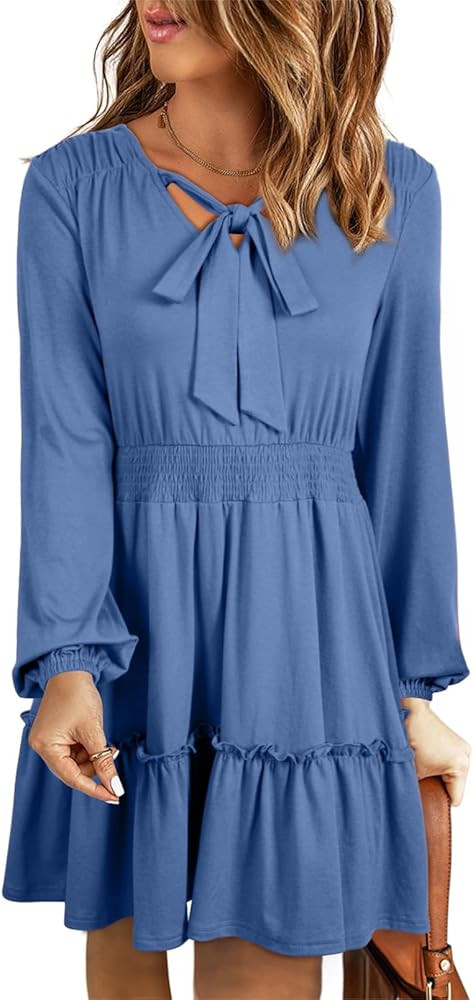 BLENCOT Womens Casaul Long Sleeve Ruffled V Neck Tie Tunic Tiered Smocked Mini Dresses Solid Colo... | Amazon (US)