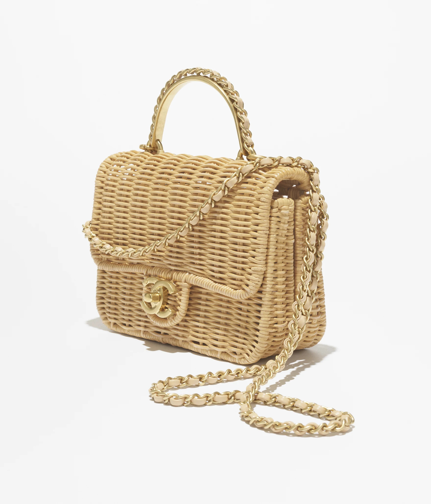 Mini flap bag with top handle, Braided rattan & gold-tone metal, beige — Fashion | CHANEL | Chanel, Inc. (US)