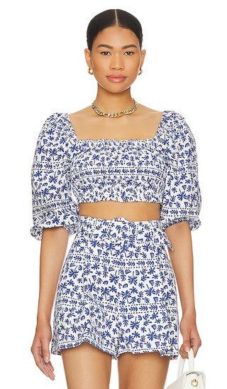 Ithica Shirred Crop Top in Blue & White | Revolve Clothing (Global)