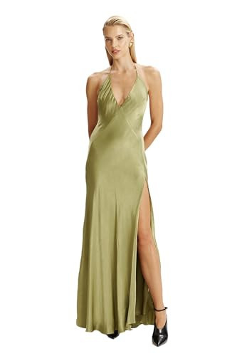 BARDOT Yve Halter Maxi Dress for Women - Khaki Silk-Like Plunging Halter-Neck, Open Back, Front Slit | Amazon (US)