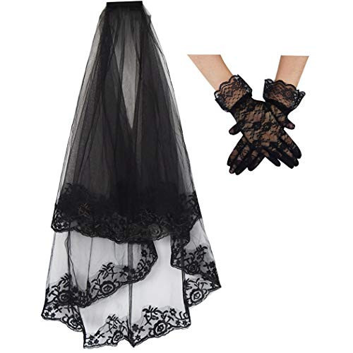 jiebor Black Lace Veil Bridal Wedding Veils Halloween Veil With Comb and Gloves | Amazon (US)