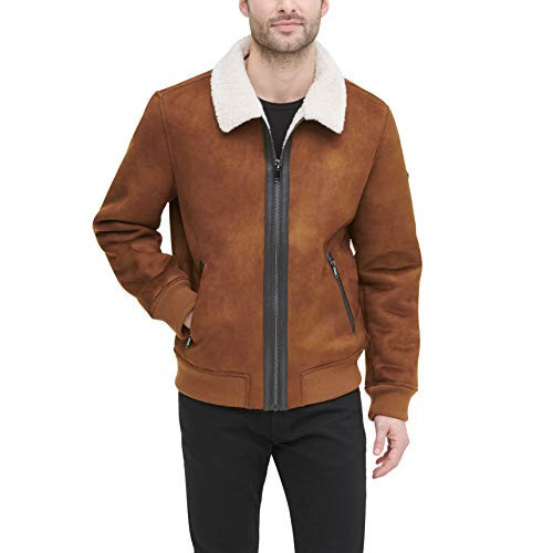 DKNY Men's Shearling Bomber Jacket with Faux Fur Collar, Brown, X-Large | Amazon (US)