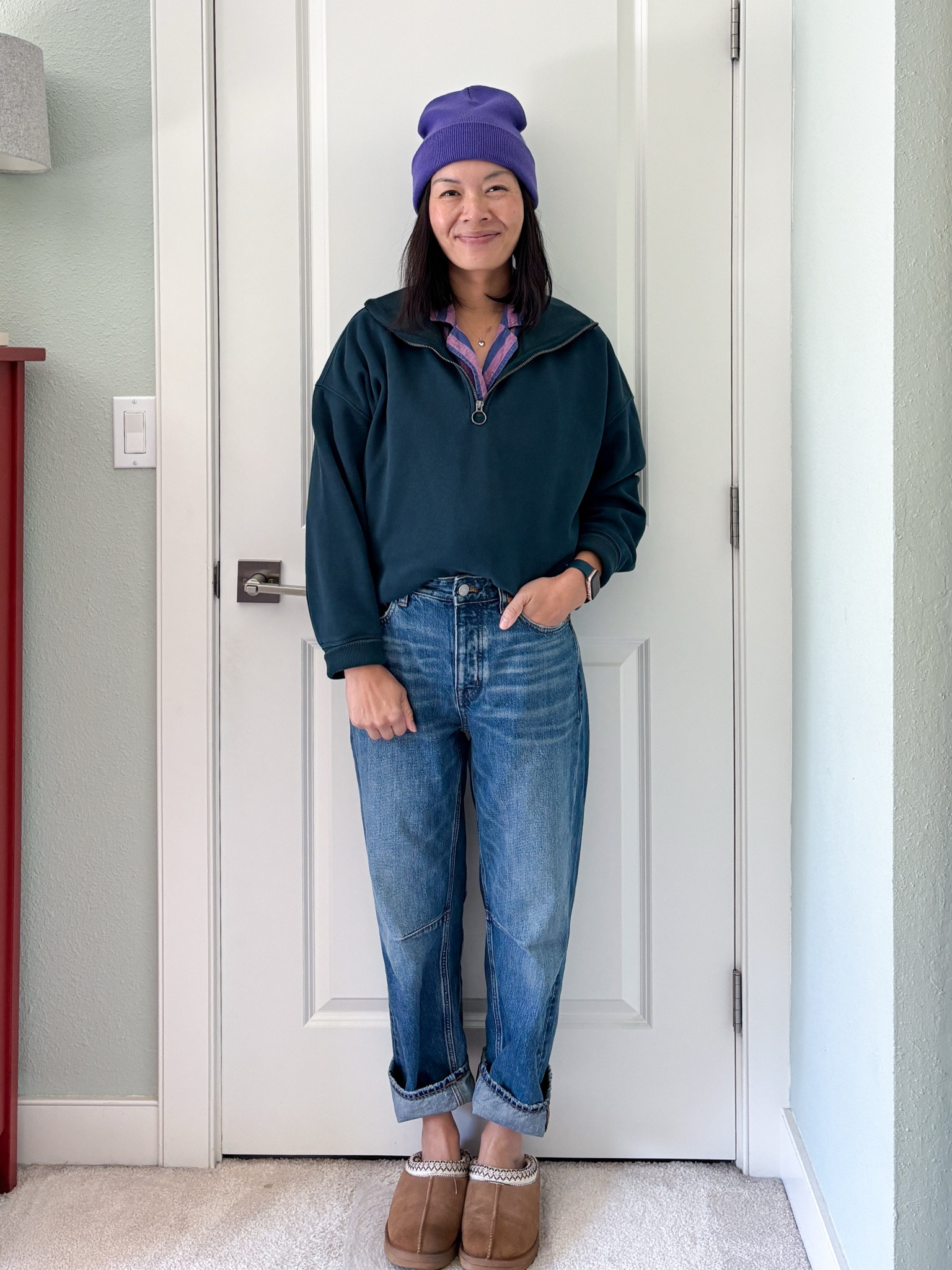 Found a very similar dark teal half zip pullover from Athleta! 