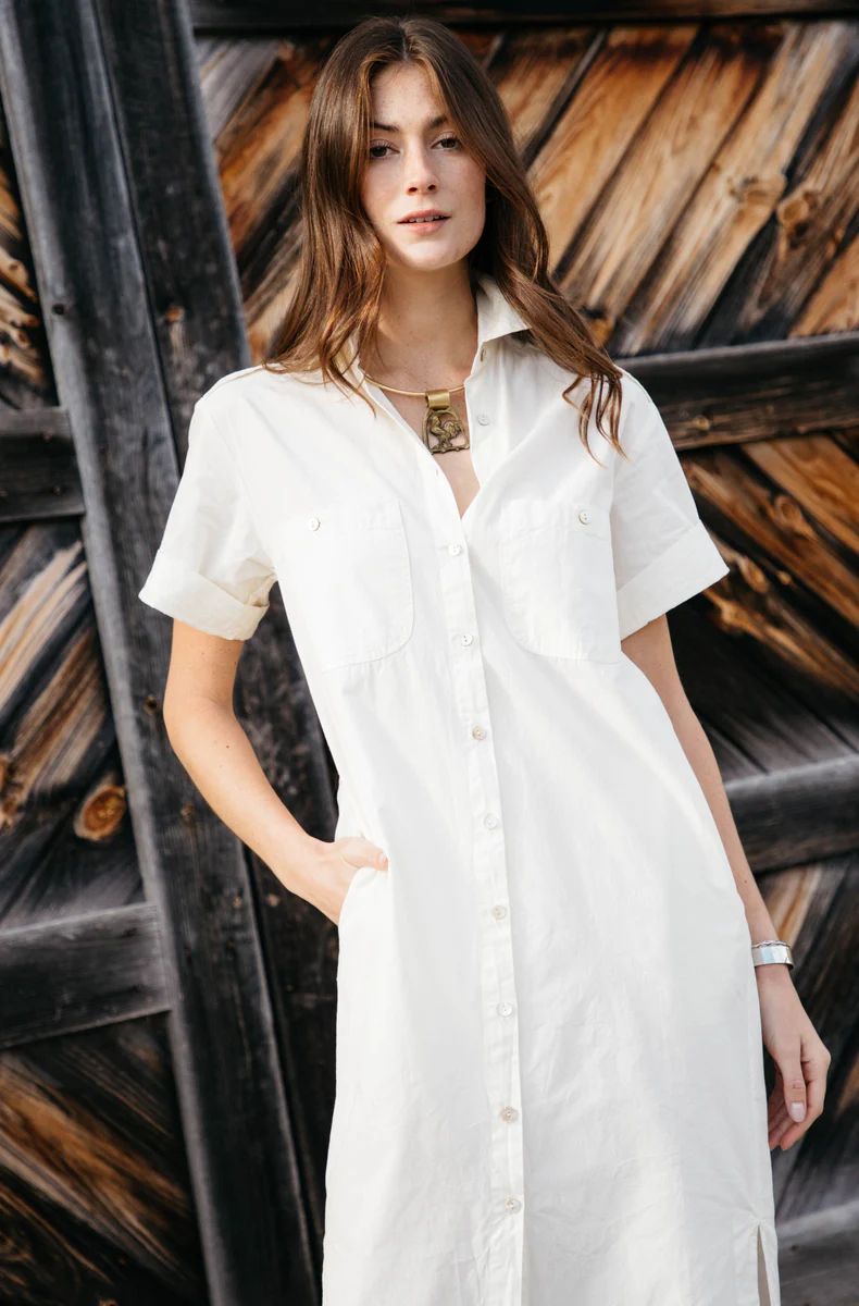 Women's Short Sleeve Ivory Button Down Midi Dress by Lady Captain | Lady Captain