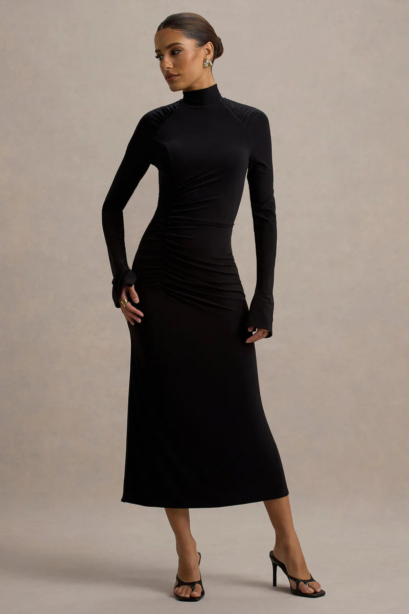 Cassandra | Black High-Neck Long-Sleeve Midi Dress | Club L London