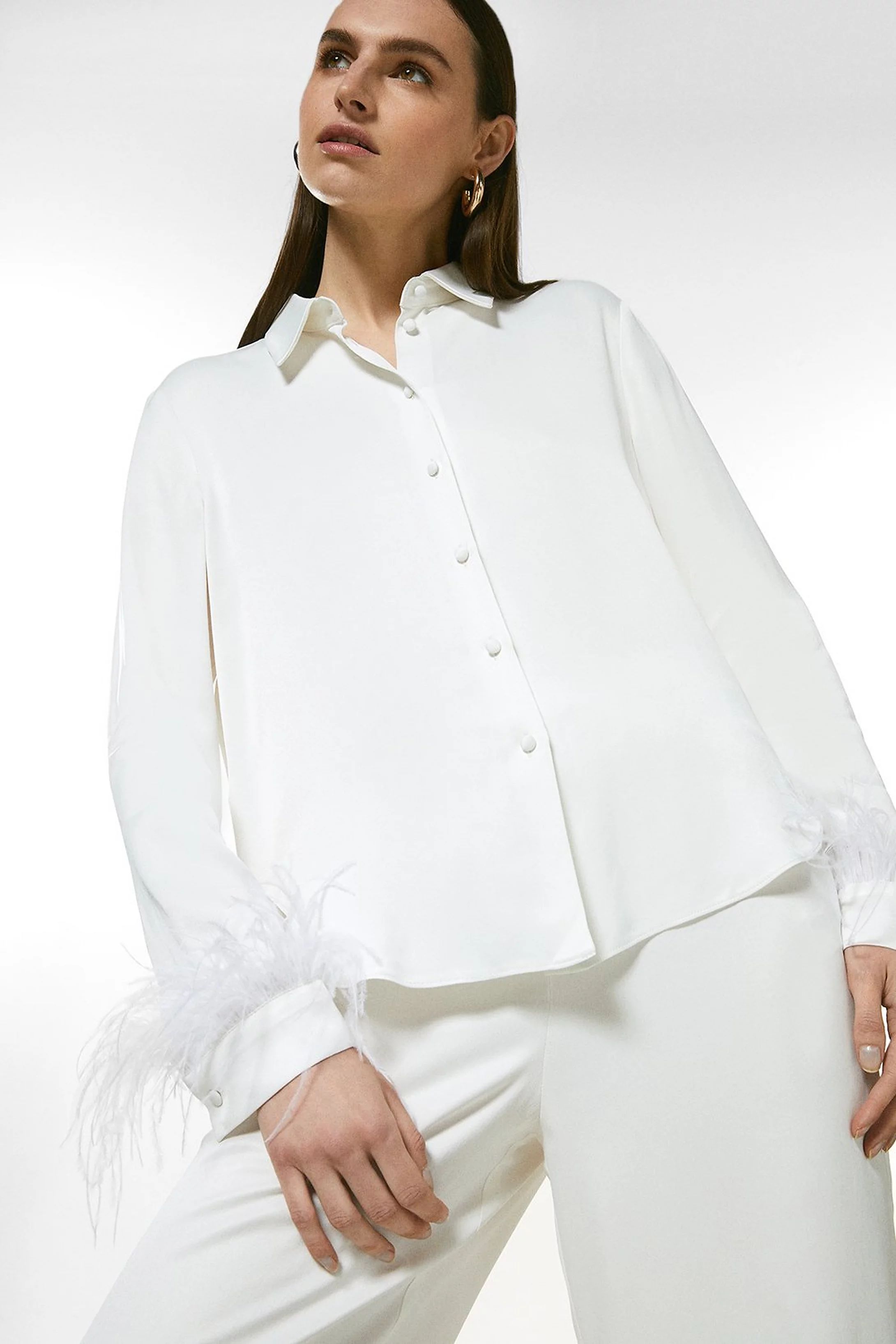 Viscose Satin Crepe Feather Cuff Shirt | Karen Millen UK & IE