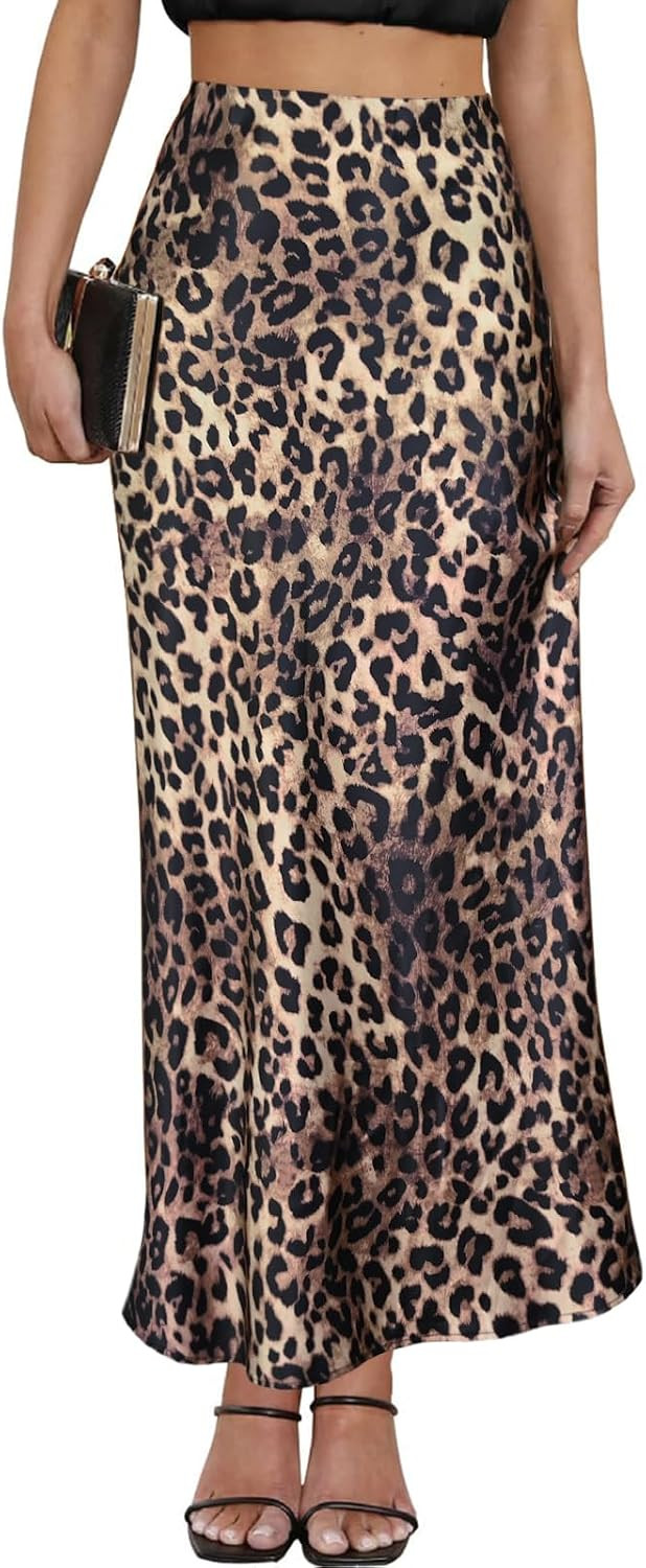 Satin Maxi Skirt High Waisted Silk Leopard Long Skirts for Women | Amazon (US)