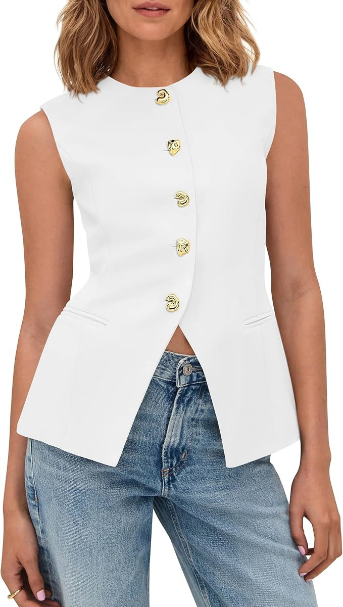 BTFBM Blazers for Women Vest Tops Business Casual Outfits Button Down Sleeveless Pockets Office W... | Amazon (US)