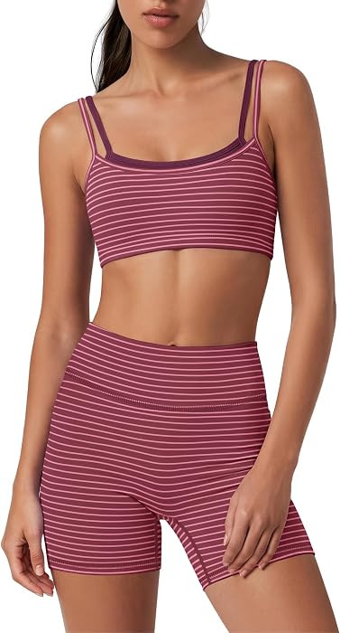 Womens Striped Workout Set 2 Piece Athletic Sets Double Layer Sports Bra Biker Shorts with Pocket... | Amazon (US)
