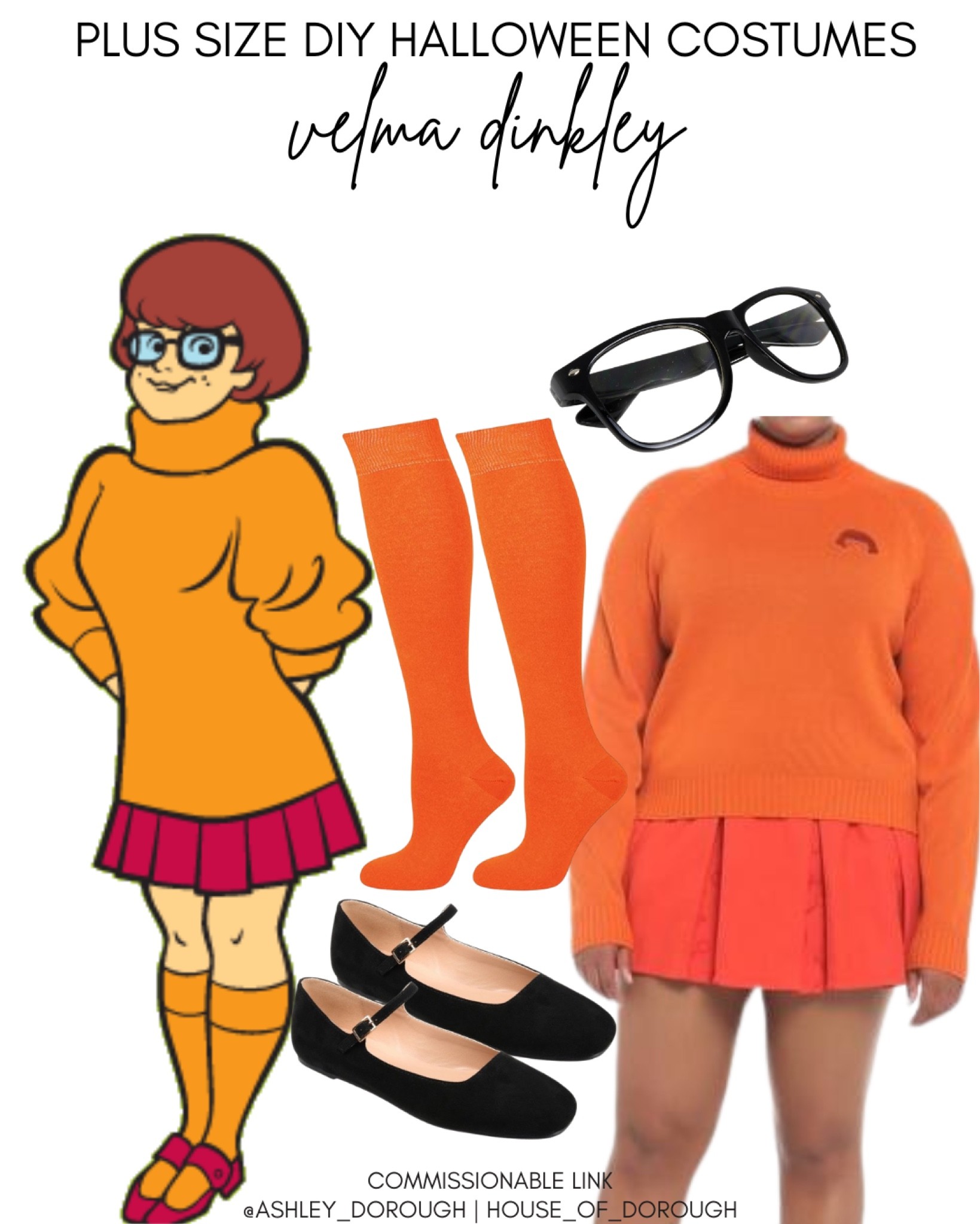 Plus size Halloween costume ideas: Velma Dinkley from Scooby Doo

How to get the look:
Red/dark orange pleated mini skirt, knee-high orange socks, Mary Jane shoes (red preferred but black is fine), orange turtleneck, and black glasses

#LTKcurves #LTKSeasonal #LTKHalloween