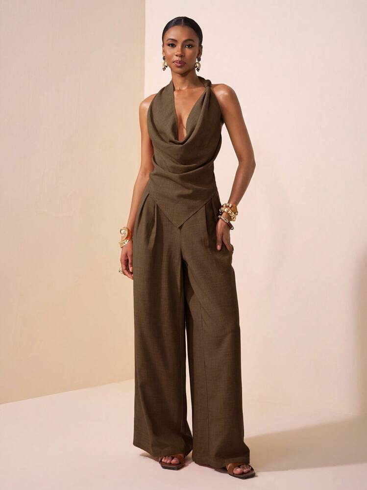 Zivah New Spring/Summer New Music Festival, Easter, St. Patrick's Day, Western, Nomadic, Birthday Party, Graduation, College Style, Student Wear, Casual Everyday, All-Match Versatile, Leisure, Cruise Travel, Beach, Sunbathing, Viral , Streetwear, Wedding Guest Boho, Commute, Brunch, Airport Outfit - Asymmetric Knot Design Pointed Top In Brown Textured Fabric, Flared Collar Top And Wide Leg Pants Suit Set | SHEIN