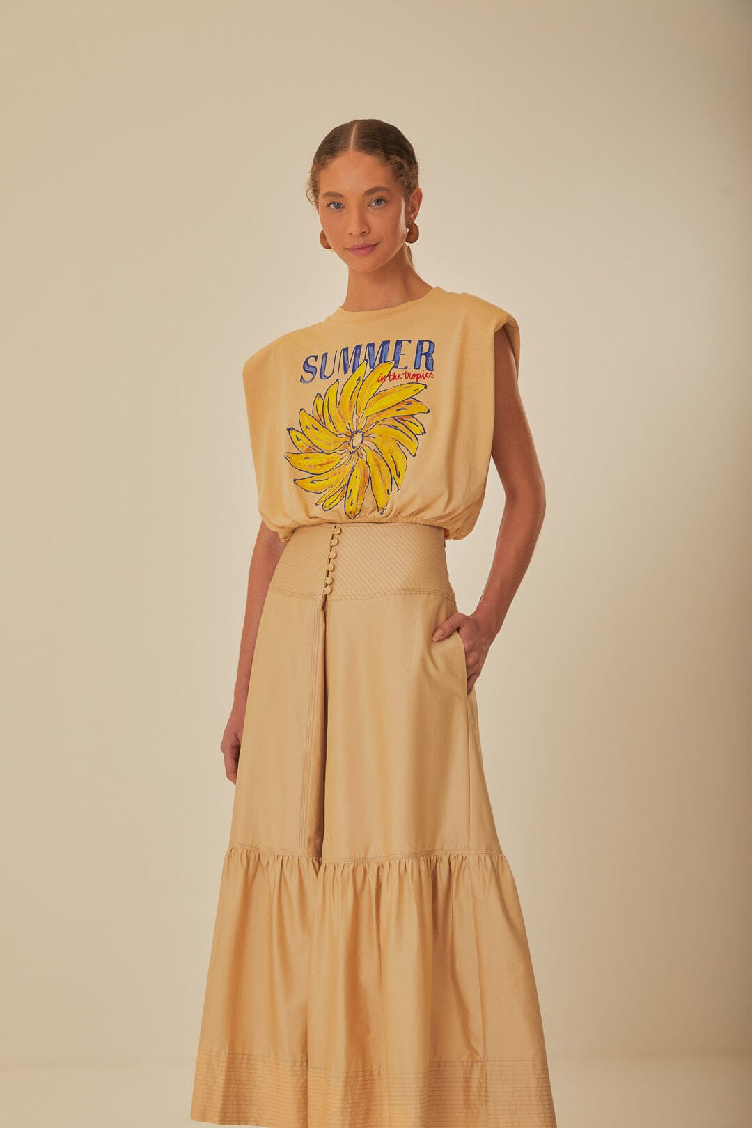 Khaki Topstitching Yoke Organic Cotton Maxi Skirt | FarmRio (US)