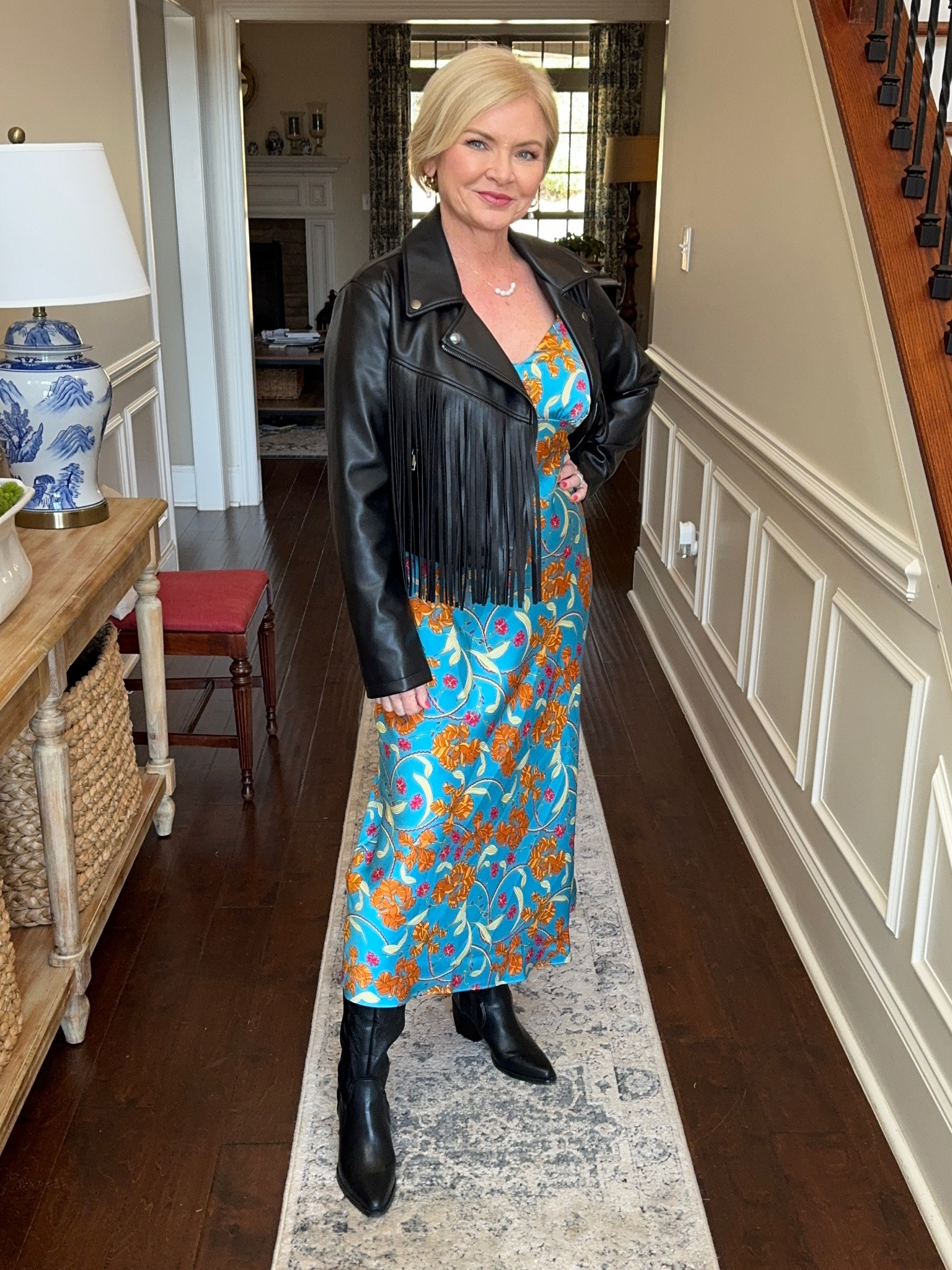 Wearing small dress & jacket

Slip dress
Moto jacket
Fringe 
Western boots 
Floral dress
Petite 

#LTKover40 #LTKfindsunder50 #LTKstyletip