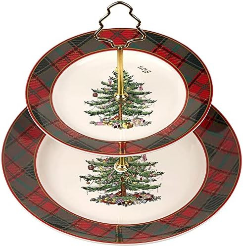 Spode Christmas Tree Tartan 2-Tiered Server, Holiday Cupcake Stand, Dessert Display Set, Earthenw... | Amazon (US)