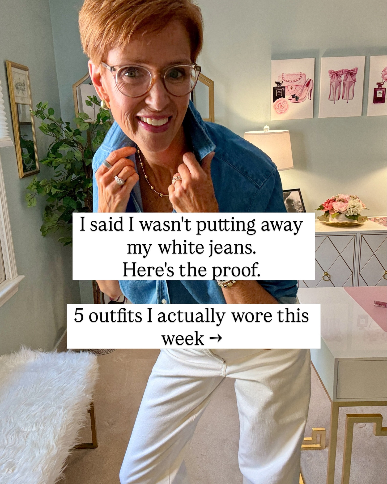 Apparently I meant it when I said I wasn’t putting away my white jeans after Labor Day.

Want the links sent to you? Comment SHOP and I’ll DM them!

Four of the five outfits I actually wore this week included the same pair of white jeans — styled with denim, black, cranberry, soft brown and early fall layers.

And THAT is why I keep talking about wearing white jeans into fall. You don’t necessarily need different clothes when the season starts to change. Sometimes you just need to change what you’re wearing with them.

This week’s real-life outfits went from casual white jeans and sneakers to leopard heels, suede flats, fall cardigans and rich cranberry. Easy, classic, wearable outfits for that in-between September weather when it doesn’t quite feel like summer OR fall.

Now I want to know which one you’d actually wear.
Vote 1, 2, 3, 4 or 5 below — and save this for the next time you’re tempted to pack away your white jeans.

And send it to the friend who still insists white after Labor Day is against the rules.

#WhiteJeansOutfits #FallOutfitIdeas #StyleOver50 #dolcevitapartner #dolcevitashoes

#LTKootd #LTKOver40 #LTKTall