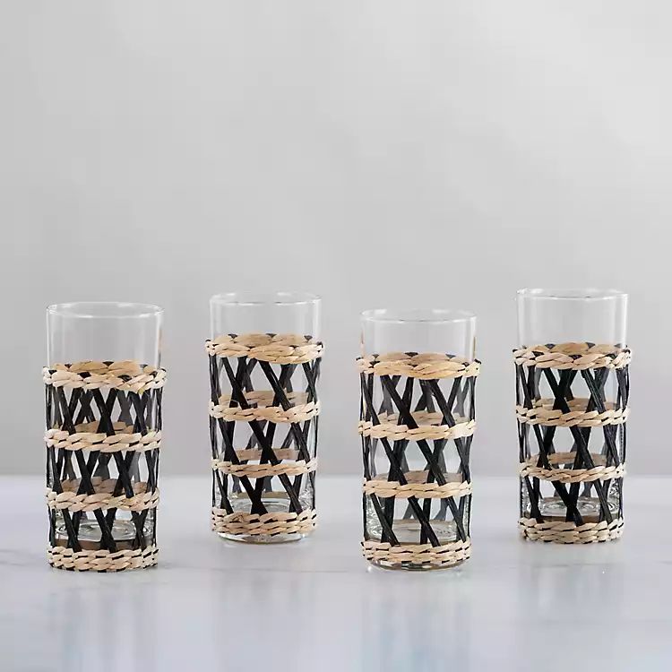 New! Black and Tan Seagrass Tumbler Glasses, Set of 4 | Kirkland's Home