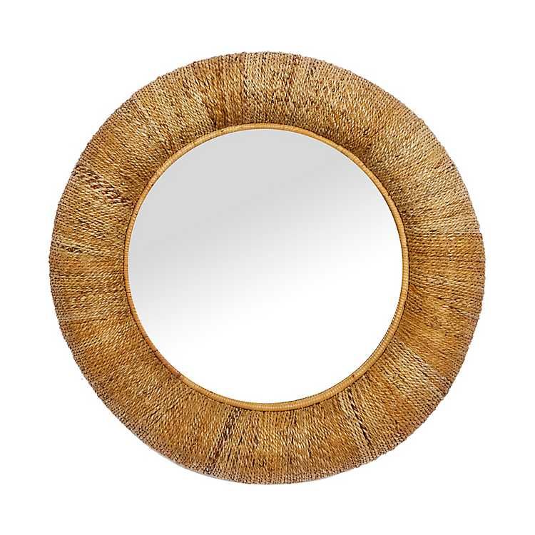 New!Brown Wood and Rattan Frame Round Wall Mirror | Kirkland's Home
