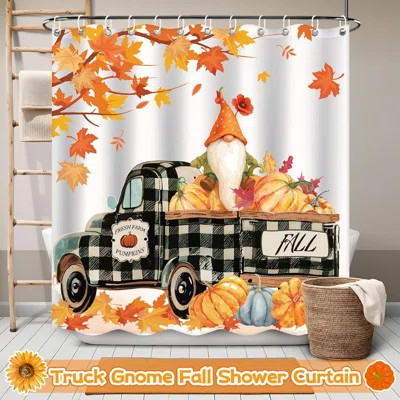 Thanksgiving Shower Curtains, Fall Gnome Shower Curtains For Bathroom, Pumpkins Maple Leaves Curtains With 12 Hook, Thanksgiving Fall Bathroom Decor | Wayfair North America