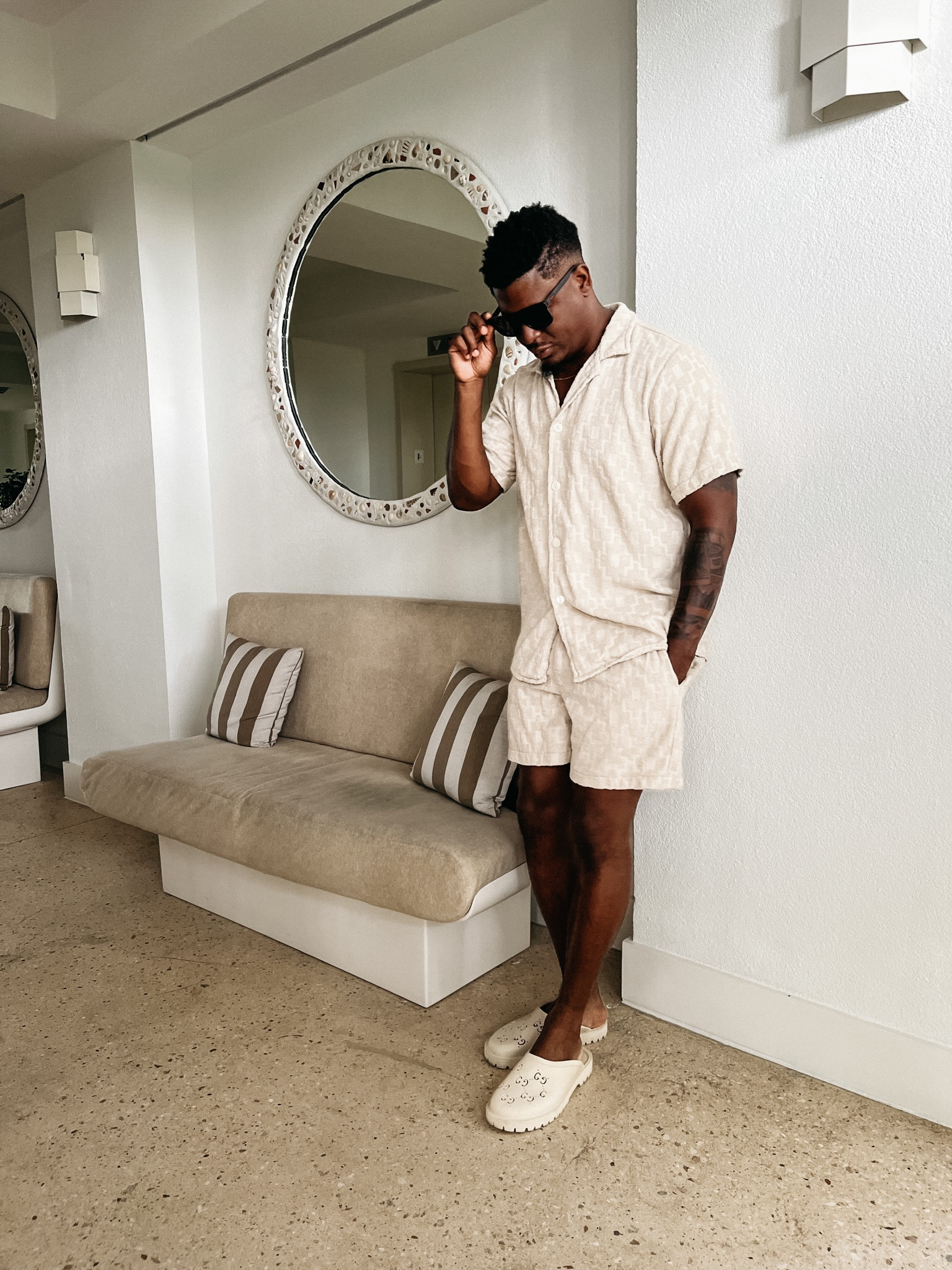 Cream matching short set, paired with Gucci sunglasses and men's Gucci mules #shoes #mensfashion #guccimule

#LTKfit #LTKhome #LTKshoecrush