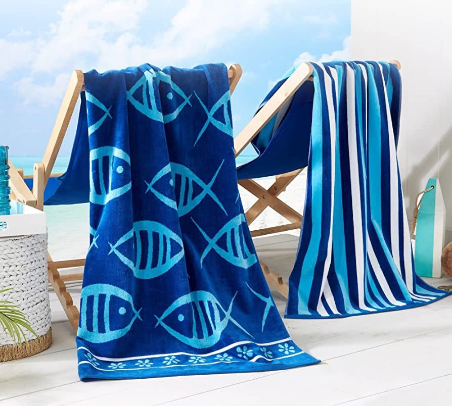 Great Bay Home Large Beach Towel Set of 2 - Blue Fish and Striped Beach Towels for Adults and Vel... | Amazon (US)