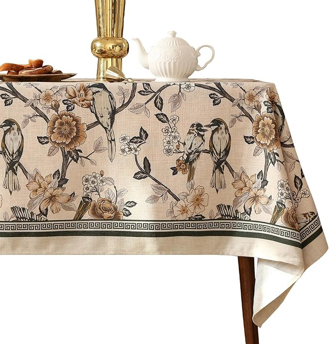 ISAENNE Designer Vintage Linen Rectangular Tablecloth,Floral and Bird Pattern Elegant Table Cloth... | Amazon (US)
