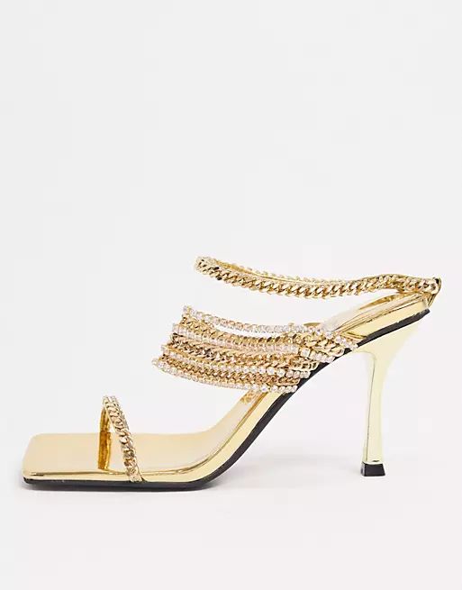Jeffrey Campbell Theogony chain embellished heeled sandal in gold | ASOS (Global)