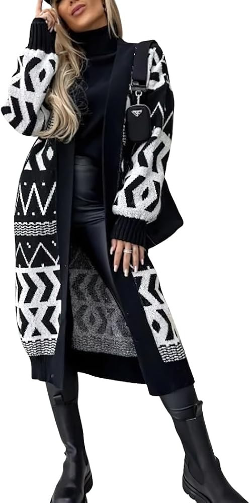 chouyatou Women Fall Winter Color Block Western Tribal Aztec Print Open Front Long Cardigan Sweat... | Amazon (US)