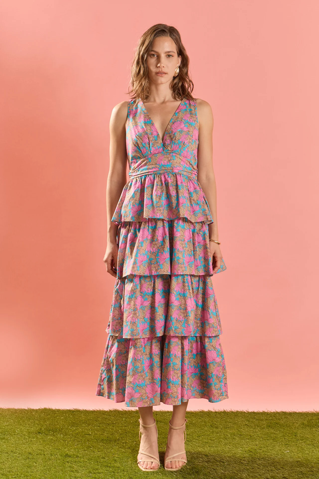Floral Tiered V-Neck Maxi Dress | English Factory